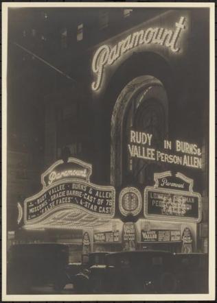 Paramount Theatre at night. View of Times Square at night, showing the Paramount Theatre marquee. 1932 From Museum of the City of New York